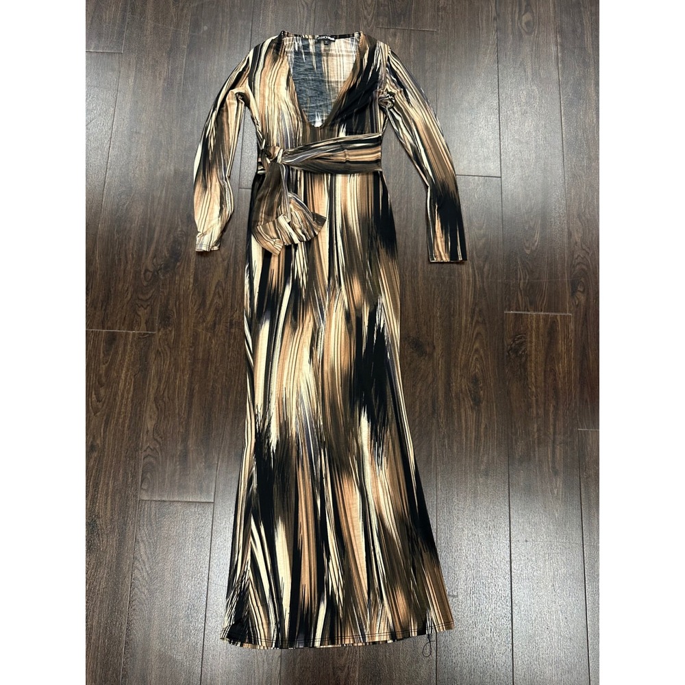 Fashion Nova Abstract Earth Tone Maxi Dress - Long Sleeve Wrap Waist